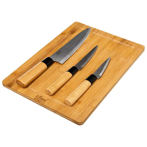 Tabla de cortar de bambú + cuchillos